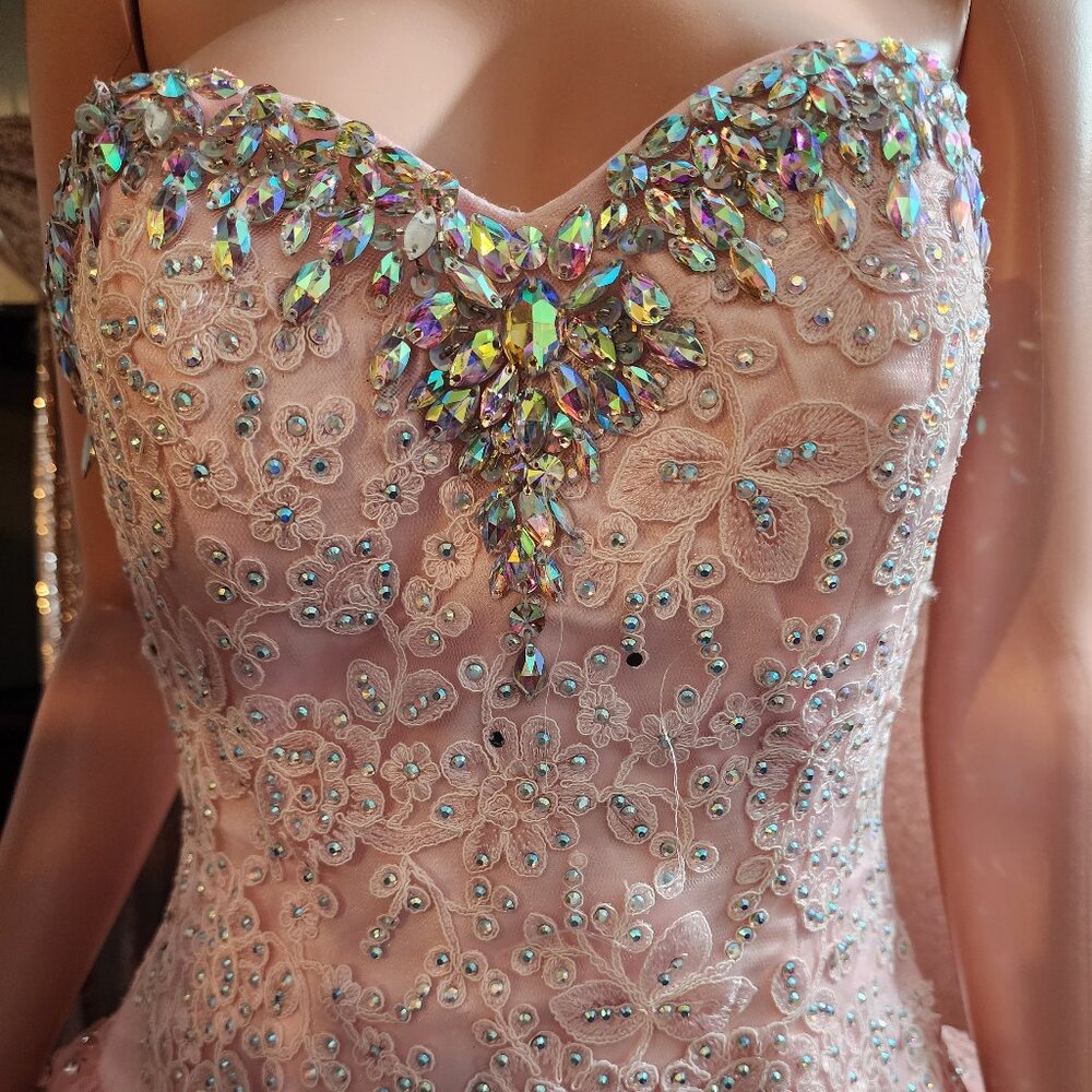 Pink Rhinestone lace Dress. Great For Formal Event Sweet 16, Prom, Quinceanera.